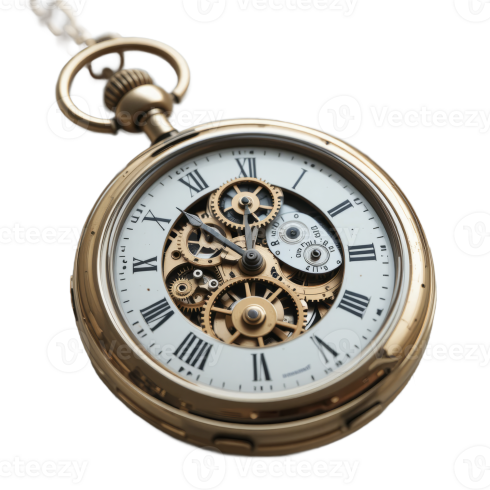 Antique Pocket Watch With Visible Gears And Roman Numerals On White Dial png