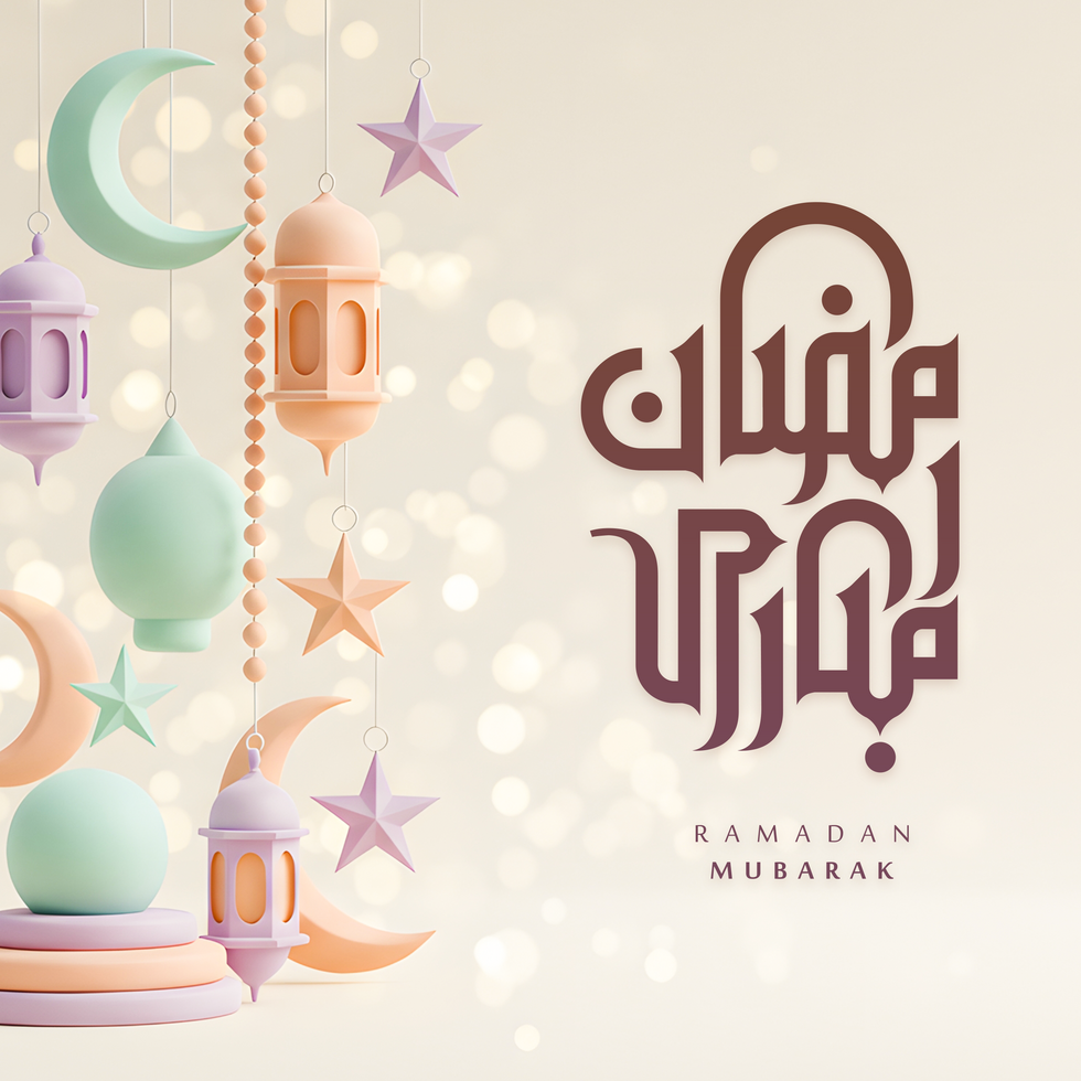 ramadan mubarak greeting card with colorful lanterns and stars on a shiny background psd
