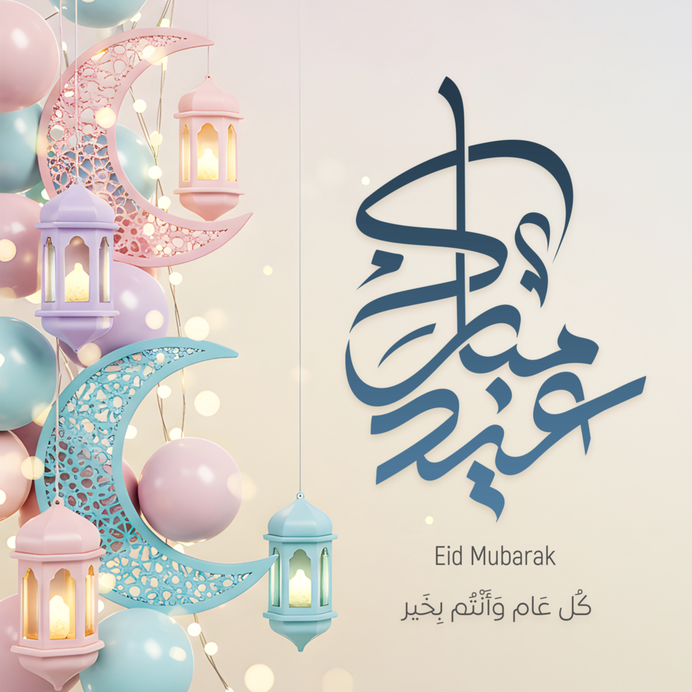 eid mubarak greeting with arabic calligraphy and lanterns psd