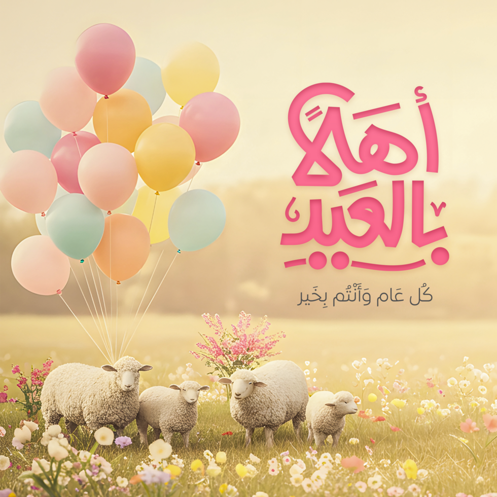 a group of sheep and balloons in a field Eid Mubarak Celebration with Calligraphy Arabic text for greeting card psd