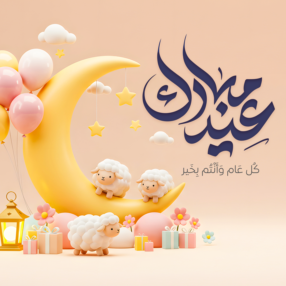 arabic text for eid mubarak with sheep and moon psd