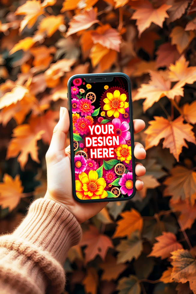 Smartphone mockup with vibrant floral design displayed outdoors in autumn psd