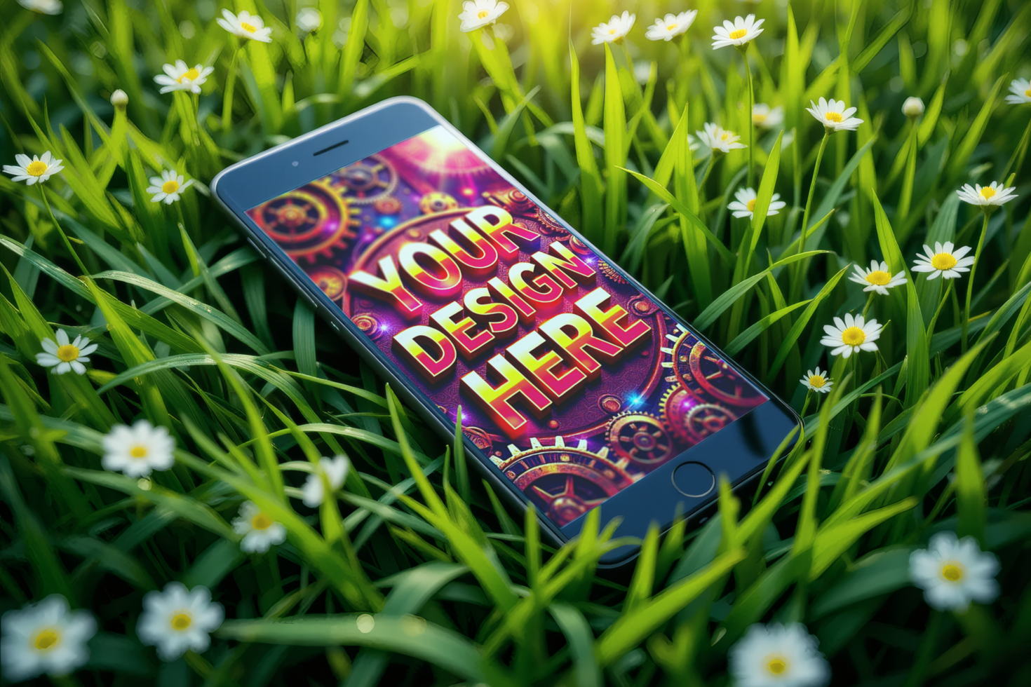Smartphone mockup in a grassy field with flowers psd
