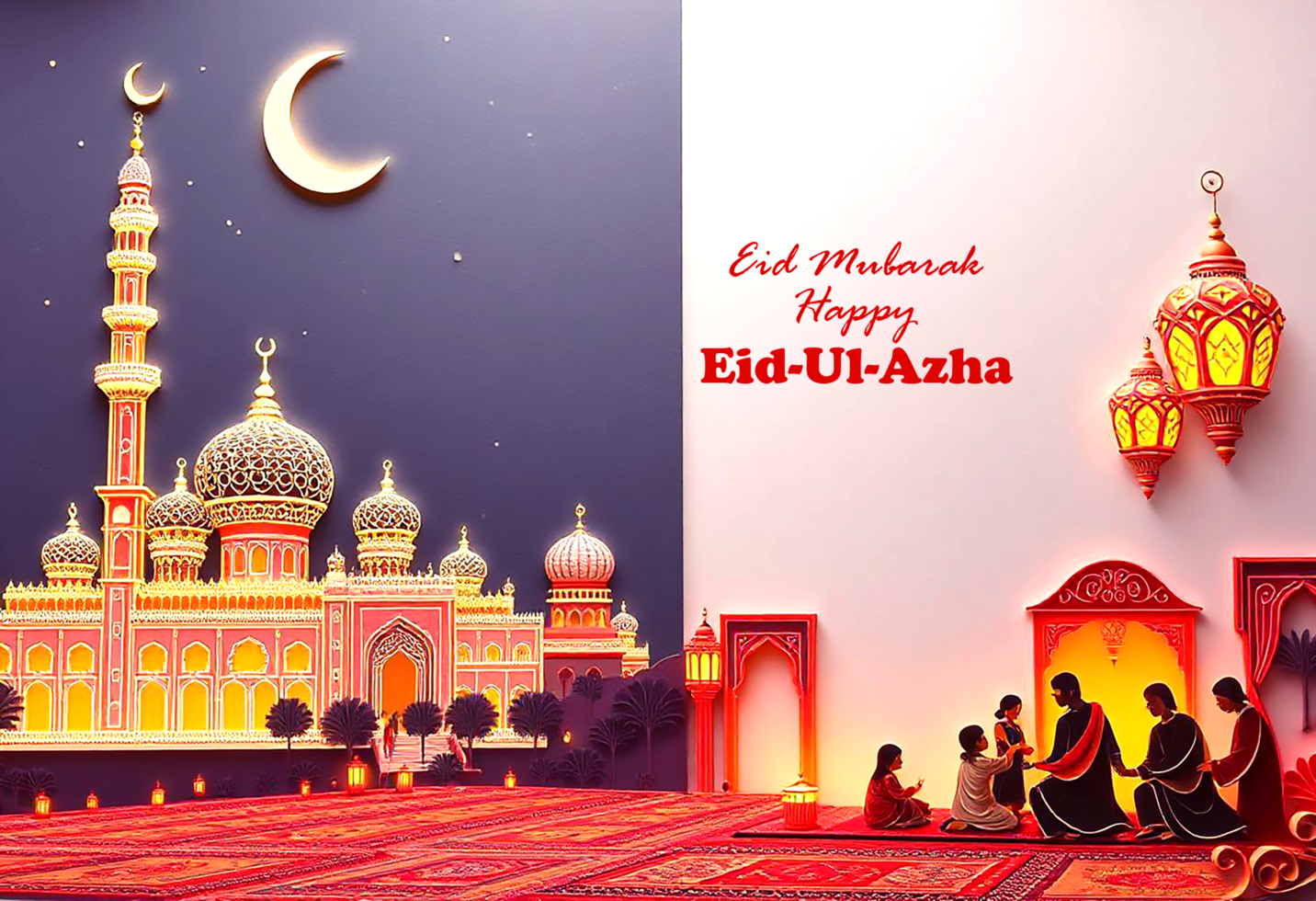 Eid alAdha Celebration with Mosque Moon and Lanterns psd