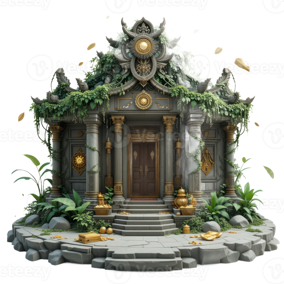 Ancient Stone Temple With Gold Treasure, 3D Render png