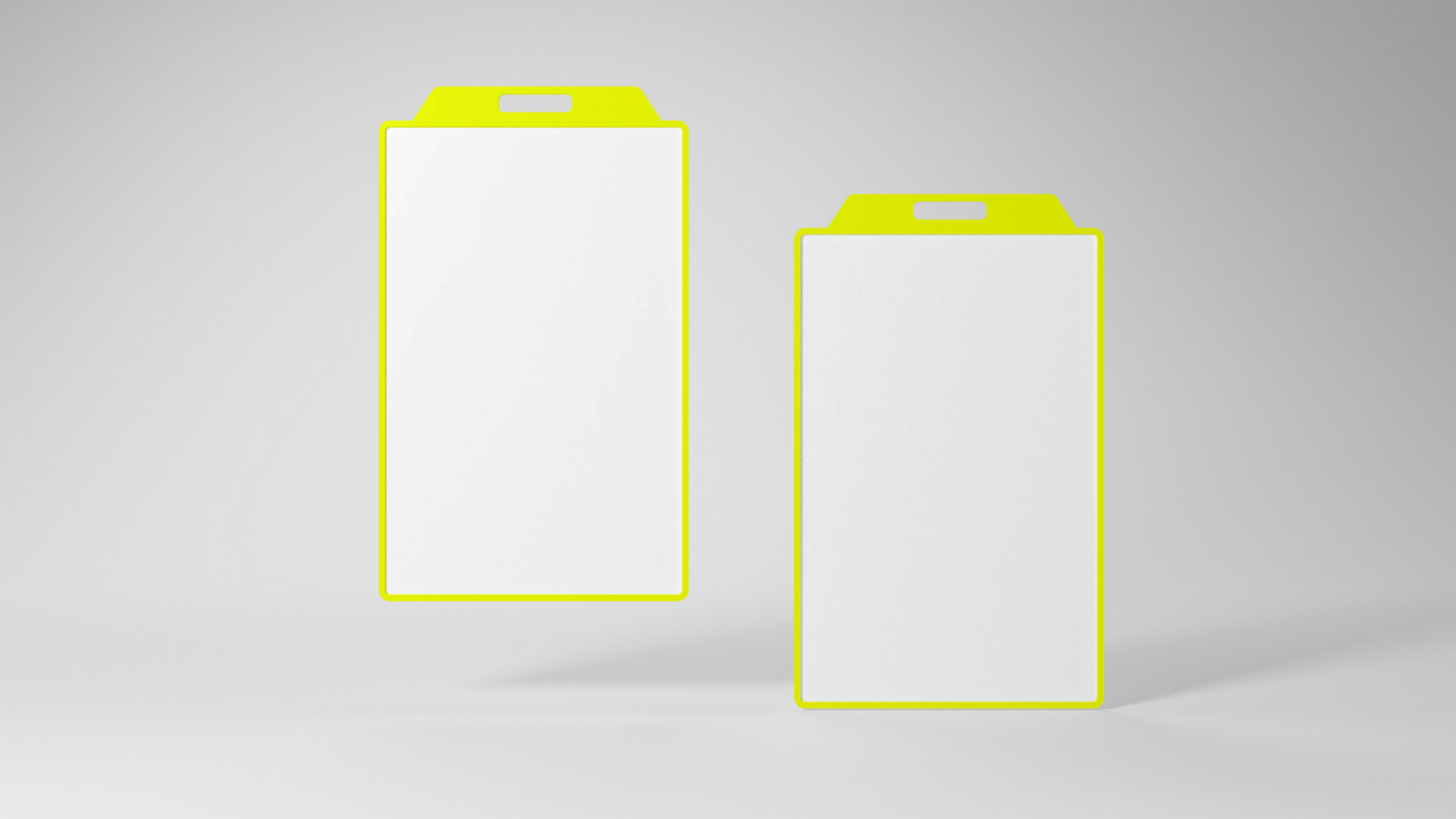 Two blank white tags mockup with yellow trim on a white surface psd