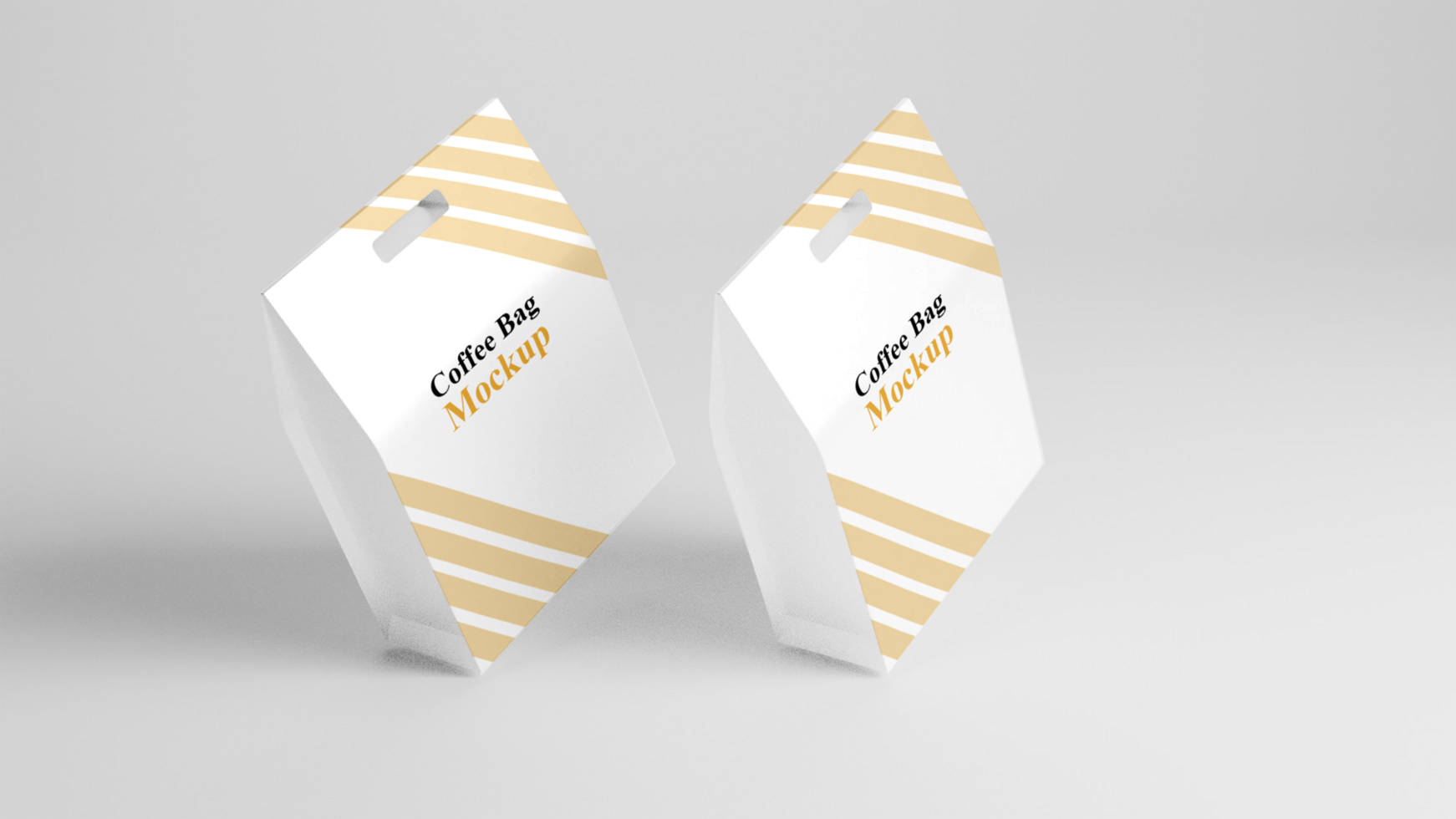 Two white paper bags with gold stripes on them psd