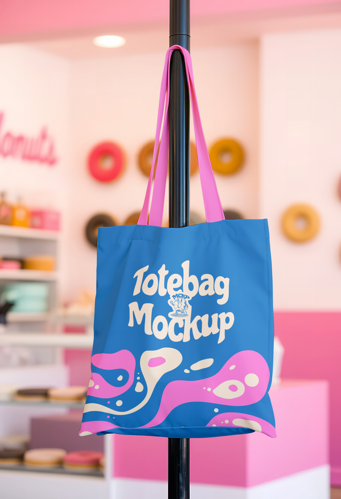 A blue tote bag mockup with pink abstract design hangs in a donut shop psd
