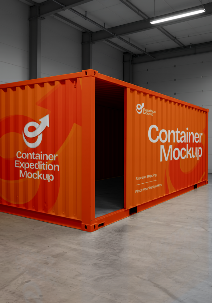 An orange shipping container mockup sits in a warehouse ready for design placement psd