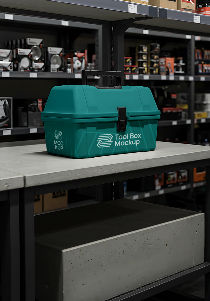 A teal tool box mockup sits on a concrete counter in a hardware store psd