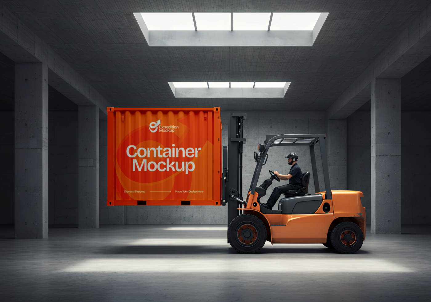 A forklift operator carefully lifts a shipping container mockup in a warehouse psd