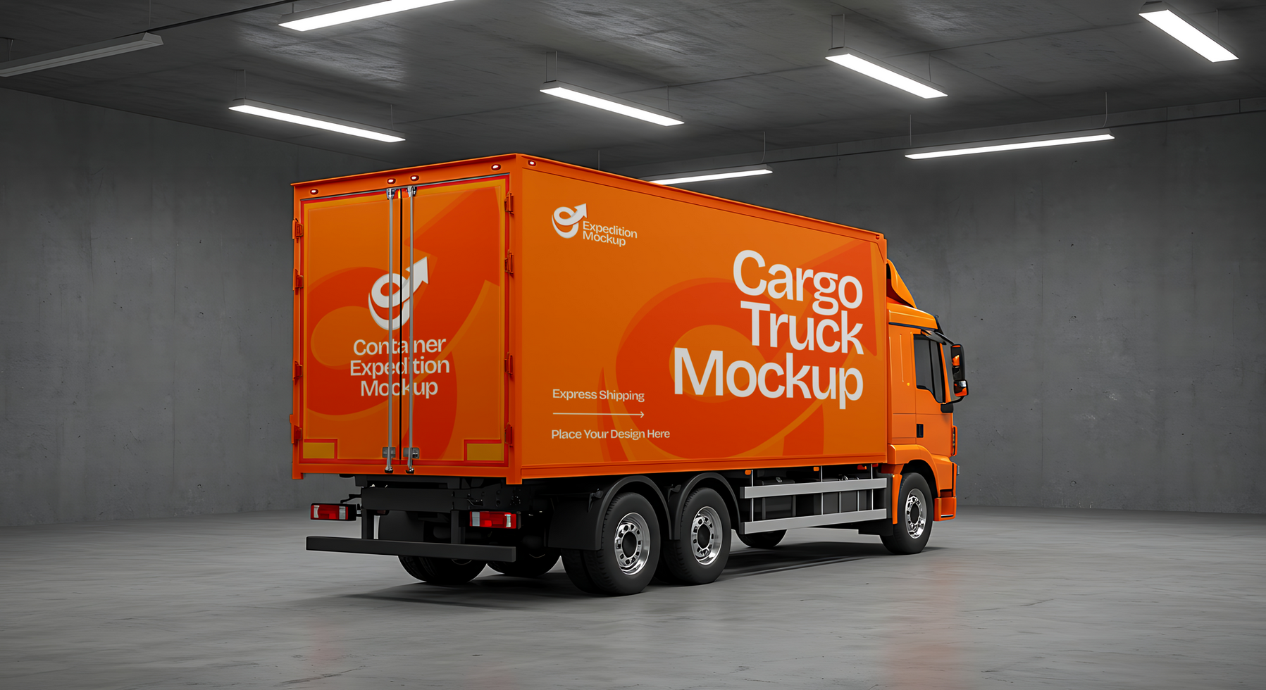 An orange cargo truck mockup parked in a dimly lit warehouse psd