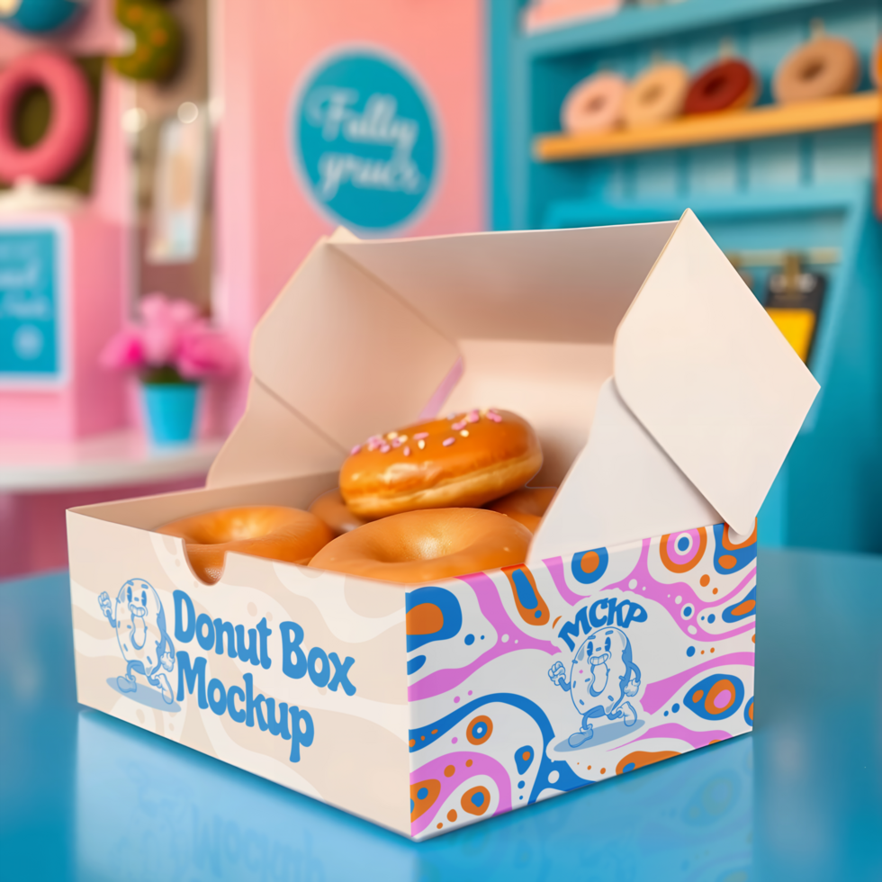 A donut box mockup showcasing several glazed donuts with sprinkles psd