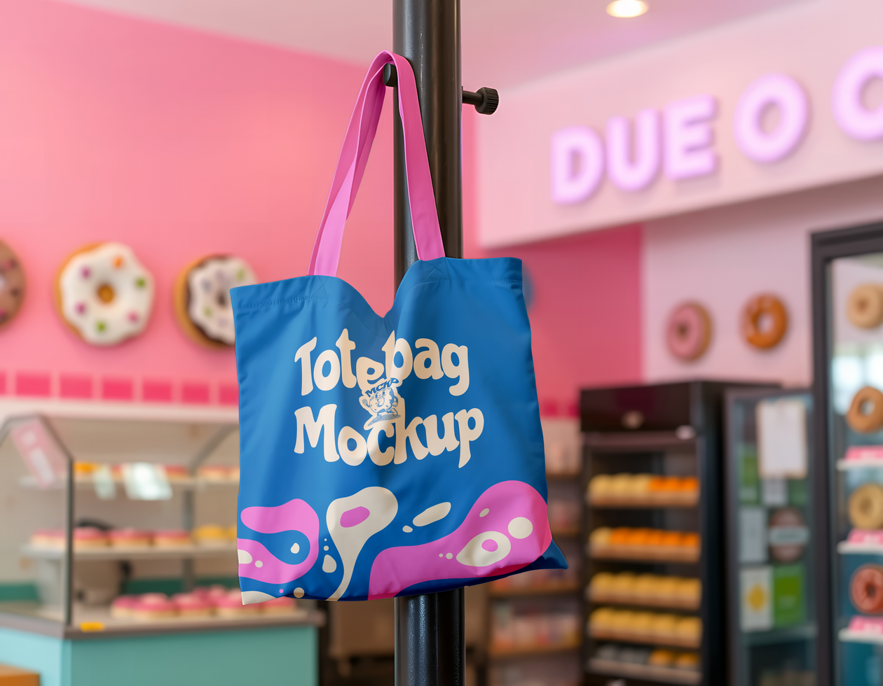 A blue tote bag with Totebag Mockup printed on it hangs from a pole in a donut shop psd
