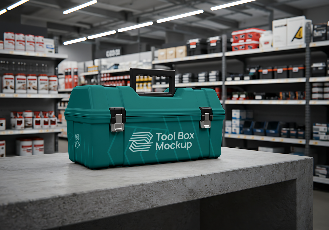 A teal tool box sits on a counter in a hardware store psd