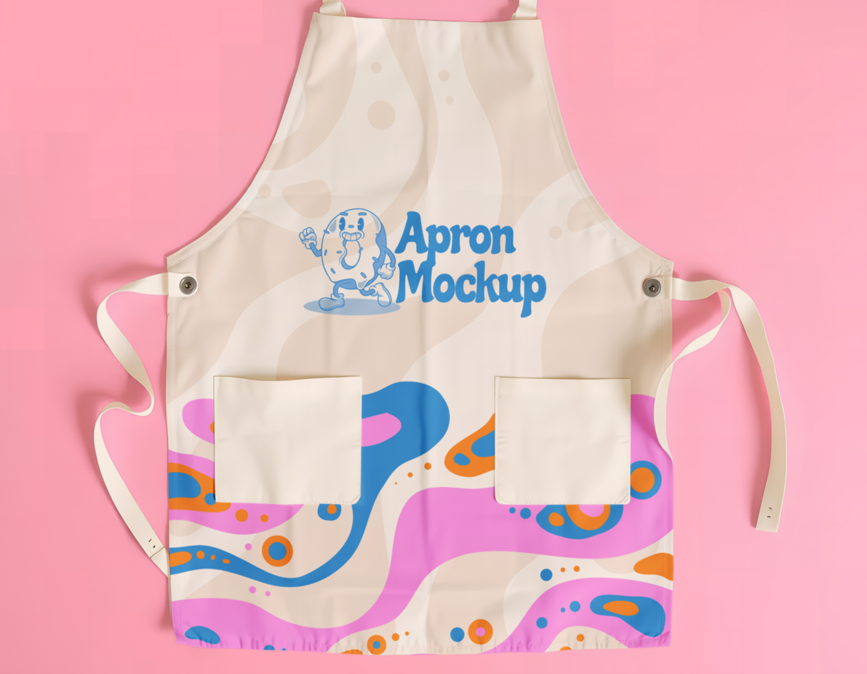 A cream colored apron with a playful design and the words Apron Mockup psd