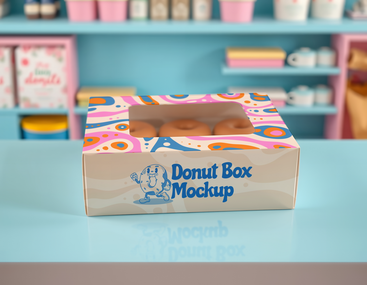 A donut box mockup displaying several glazed donuts through a clear window psd