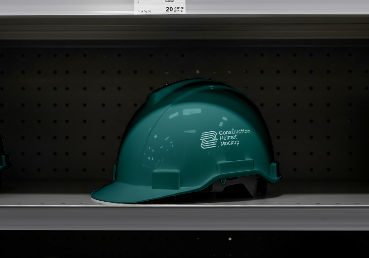 A teal construction helmet mockup sits on a store shelf psd