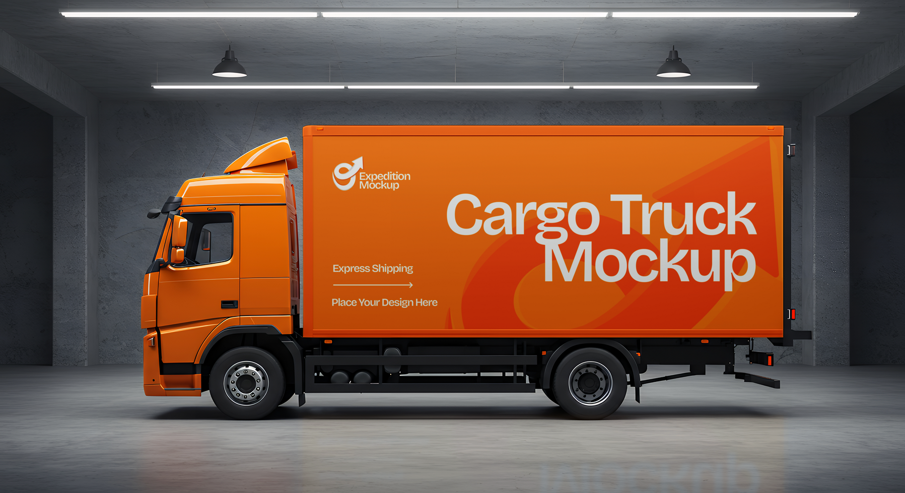 An orange cargo truck mockup stands in a warehouse ready for your design psd