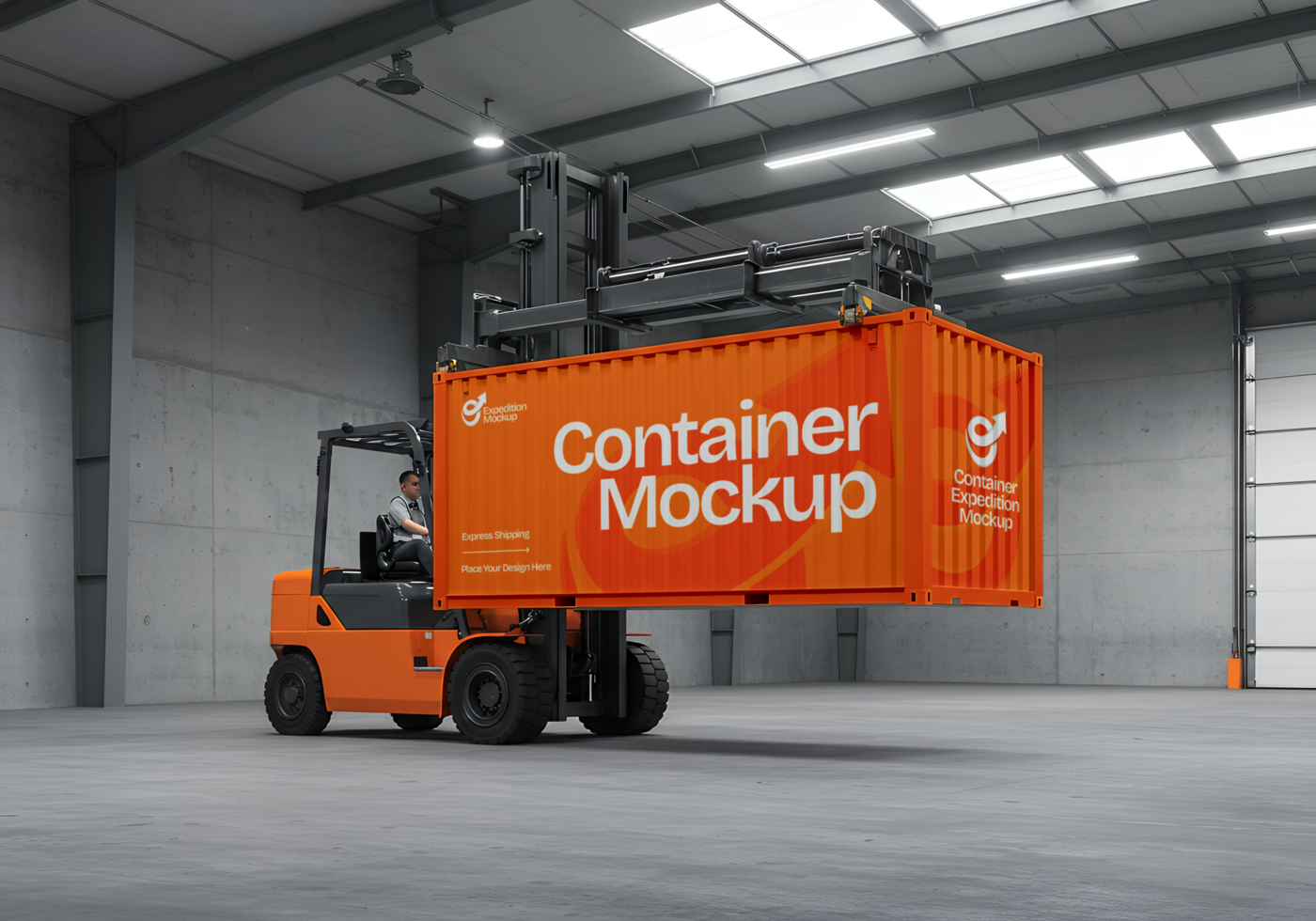 A forklift driver transports an orange shipping container mockup inside a warehouse psd