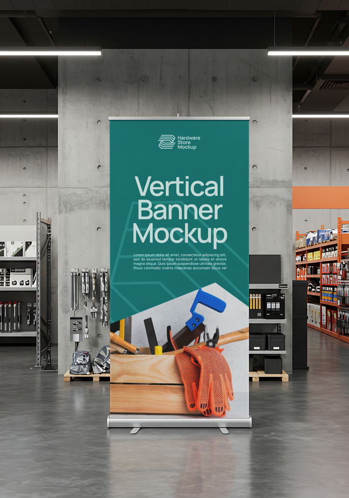A teal vertical banner mockup displays hardware store tools in a wooden box psd