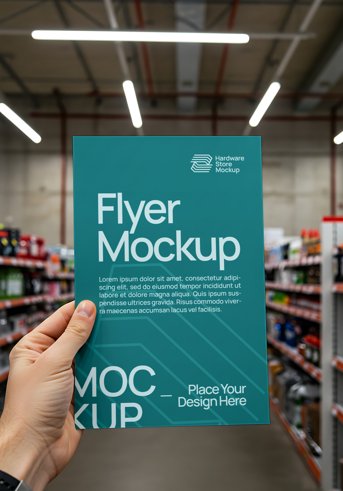 A hand holds a teal flyer mockup in a hardware store psd