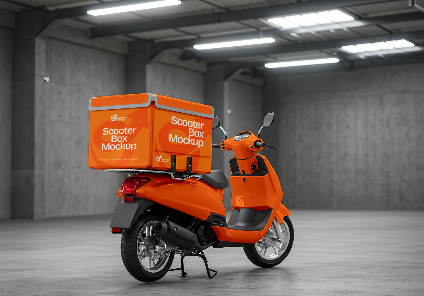 An orange scooter with a large orange delivery box on the back sits in a dimly lit garage psd