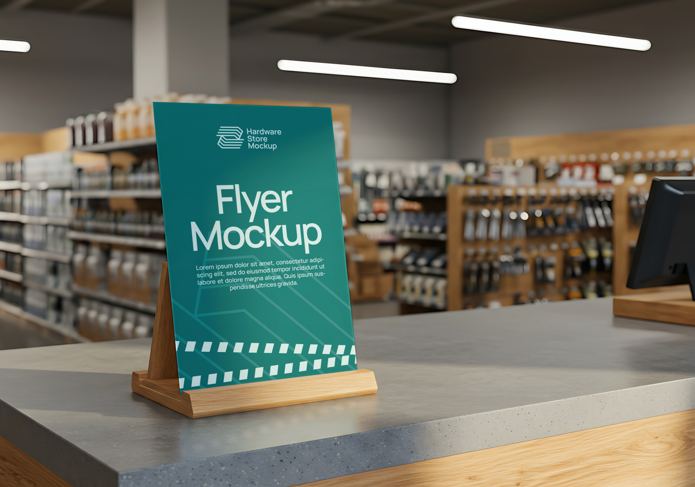 A teal flyer mockup stands on a wooden display in a hardware store psd