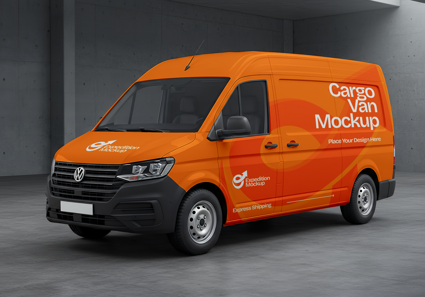 An orange cargo van mockup for express shipping ready for your design psd