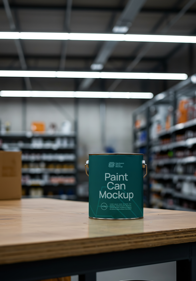 A teal paint can mockup sits on a wooden table in a hardware store psd
