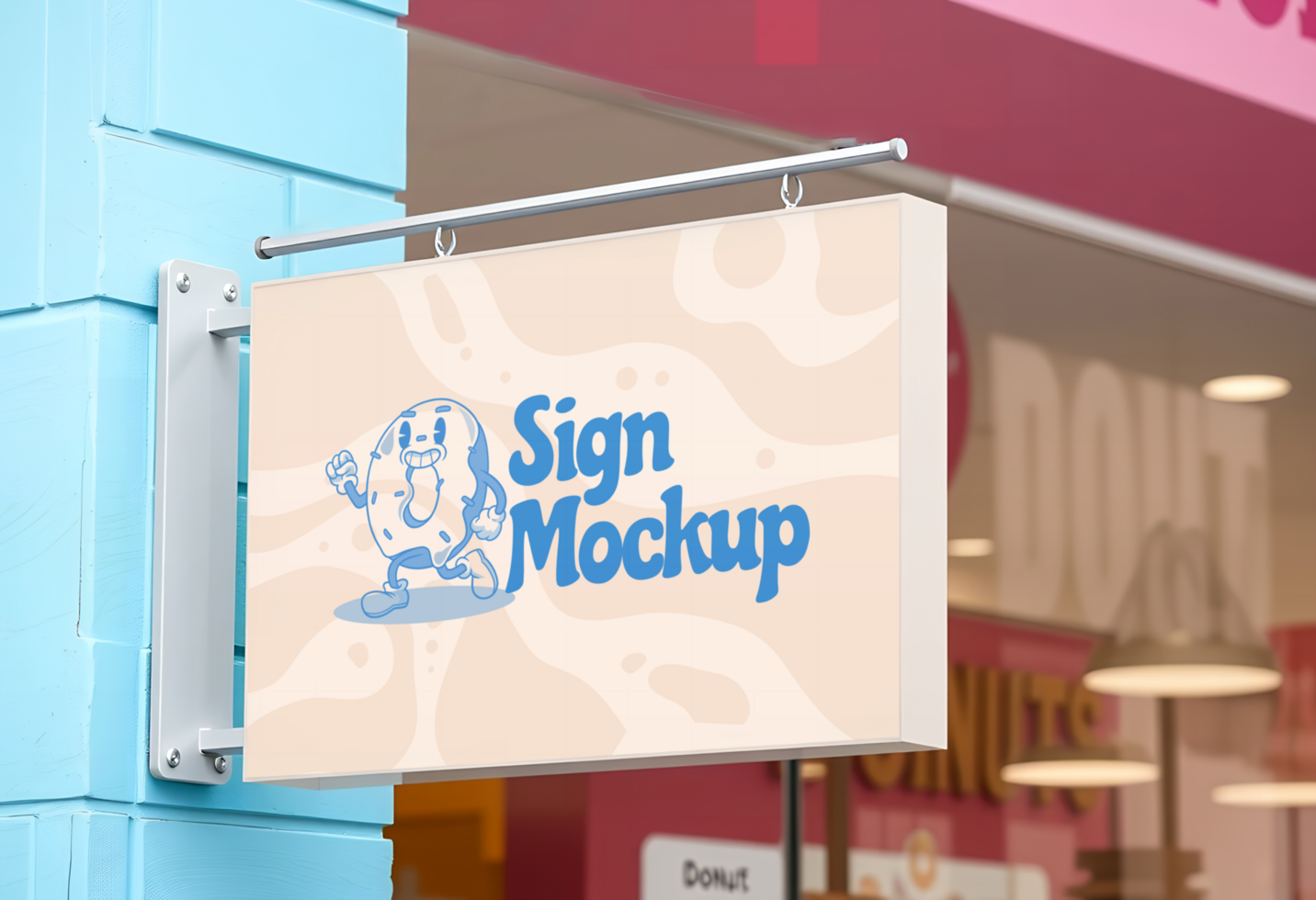 A sign mockup featuring a cartoon cookie character hangs on a light blue building psd