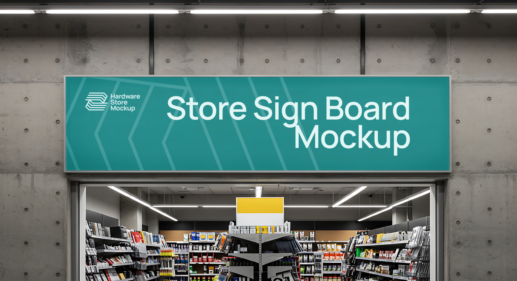 A teal store sign board mockup above a hardware store psd
