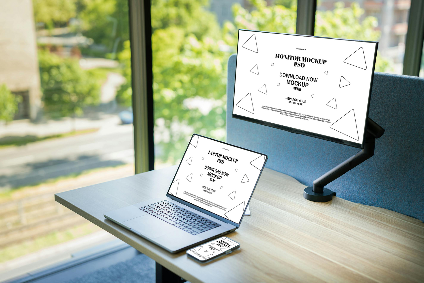 Modern Office Workspace with Monitor and Laptop Mockup psd