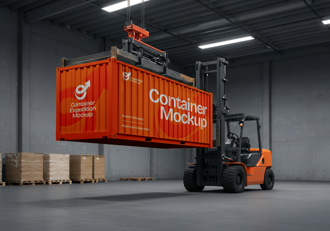 A forklift lifts a shipping container labeled Container Expedition Mockup psd