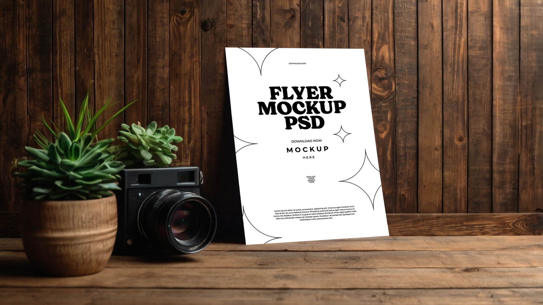 Flyer Mockup with Plant, Camera, and Wood Background psd