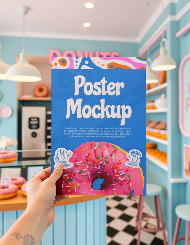A poster mockup showcasing a pink donut in a donut shop psd