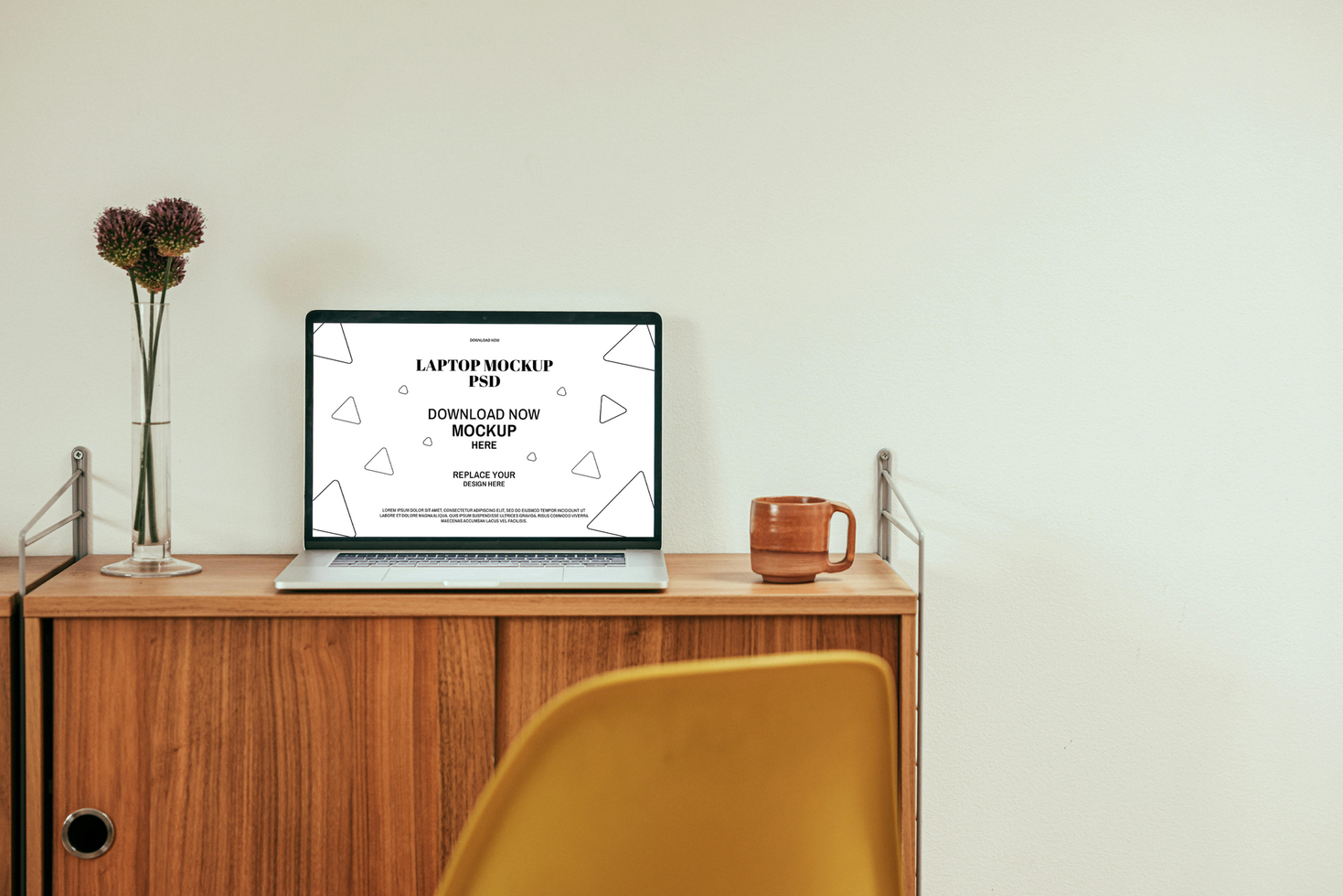 Laptop Mockup on Desk in Minimalist Interior psd