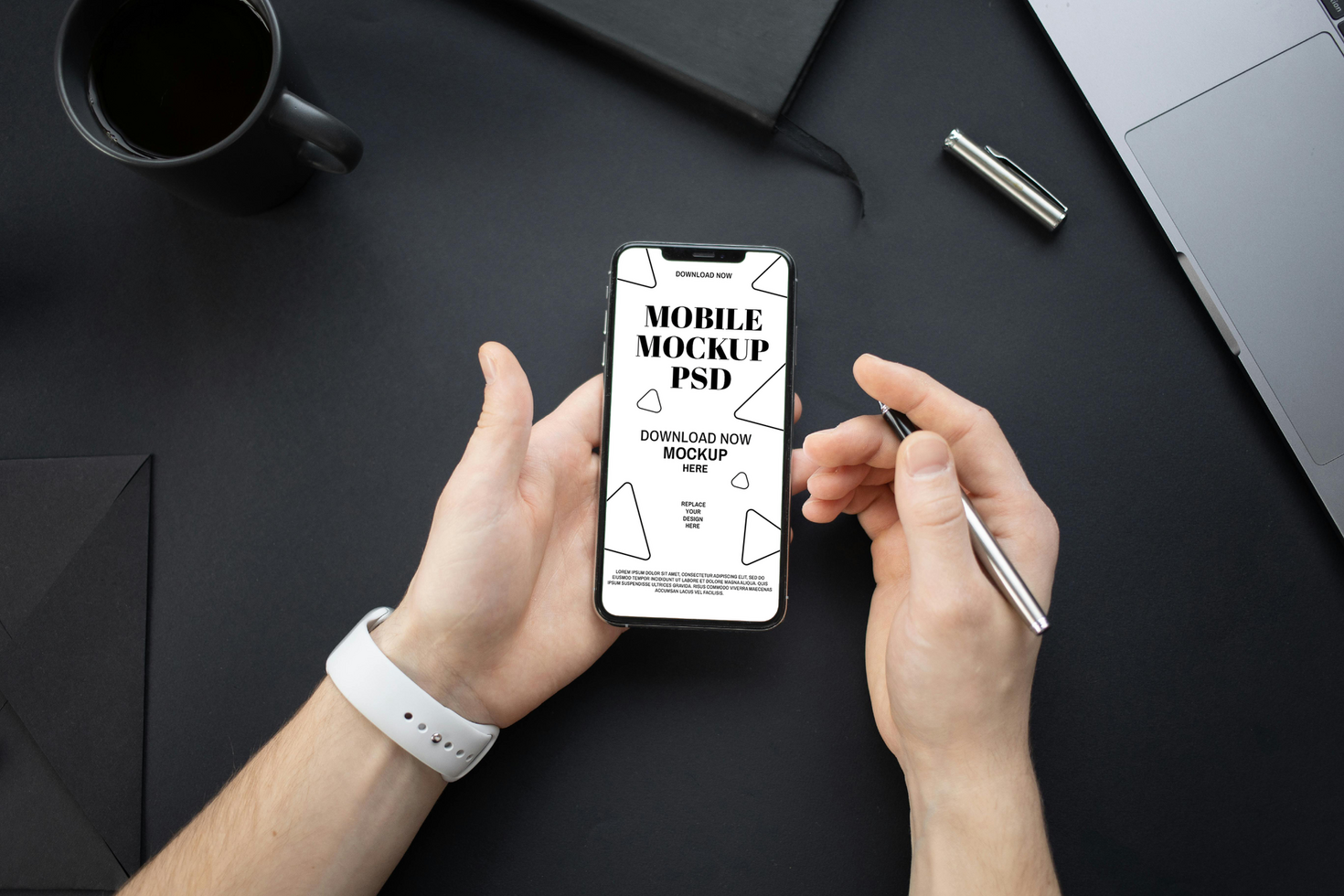 Mobile Mockup on a Black Desk psd