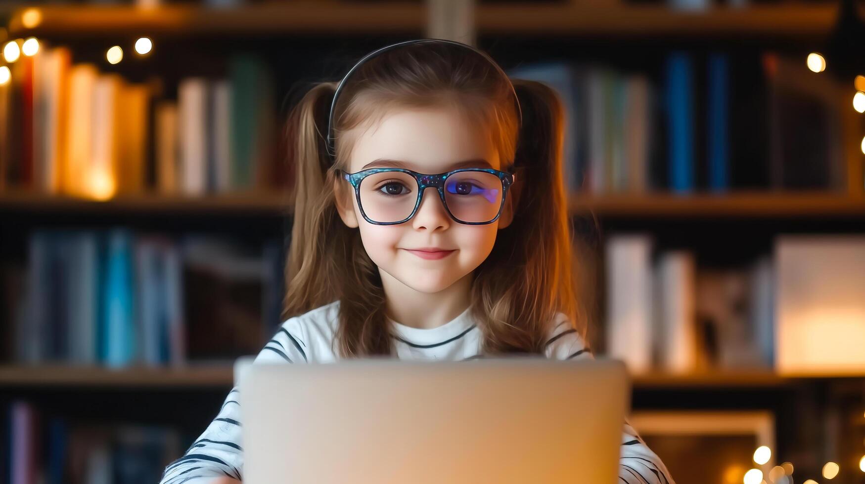 A kid girl learns online using futuristic technology. Genearative AI. photo
