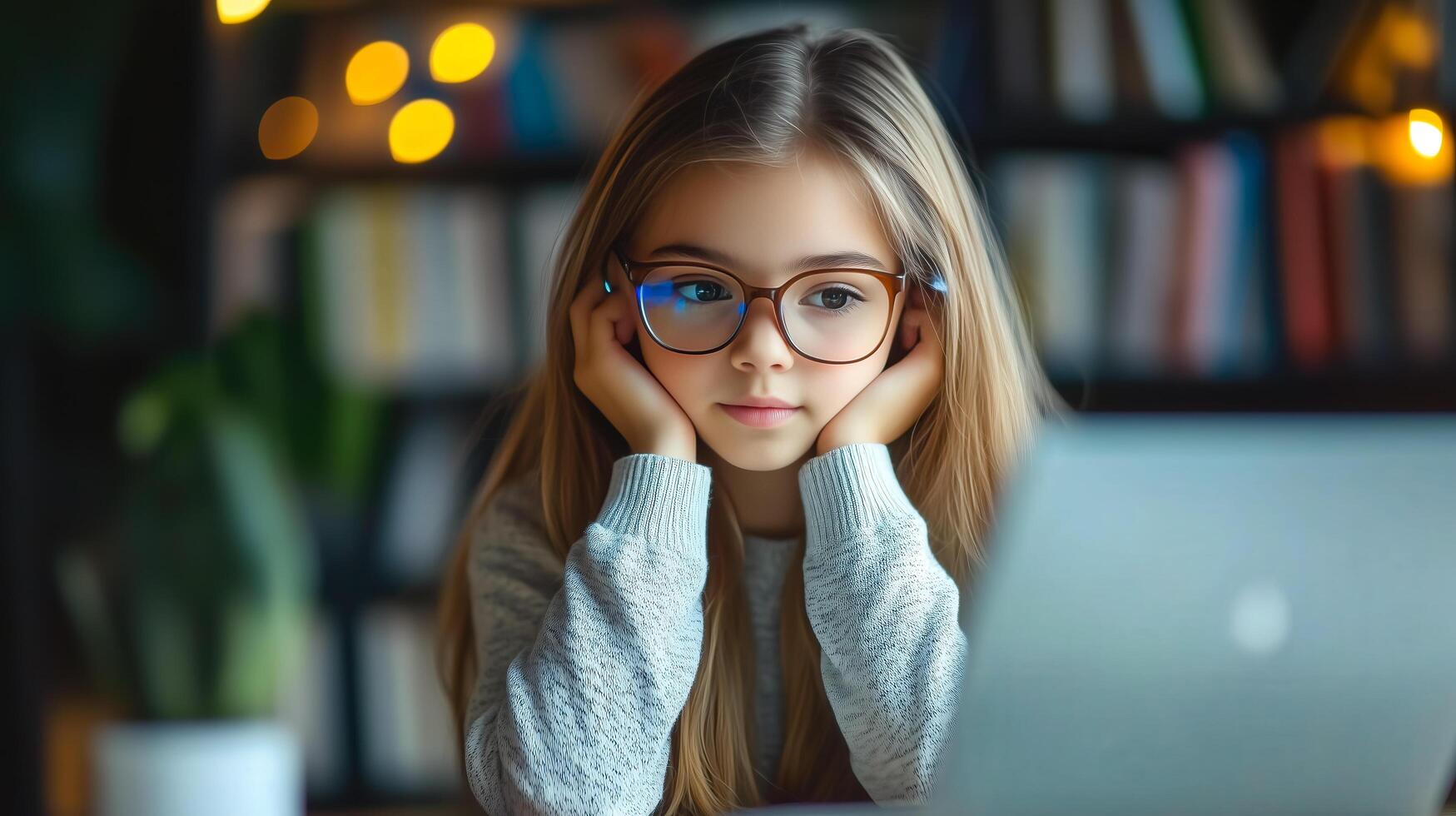 A student girl learns online using futuristic technology at her home. photo