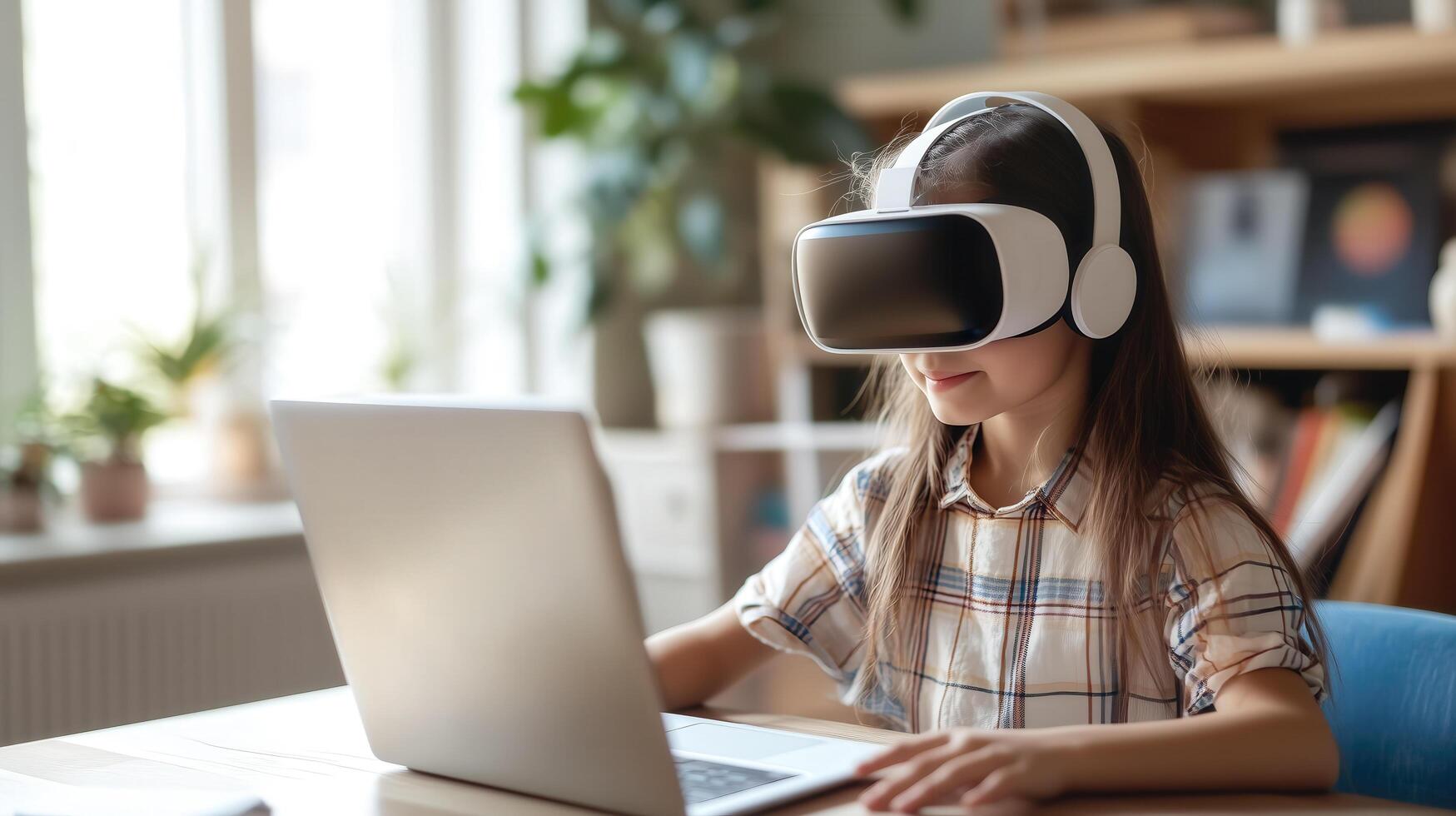 A kid girl learns online using futuristic technology. photo