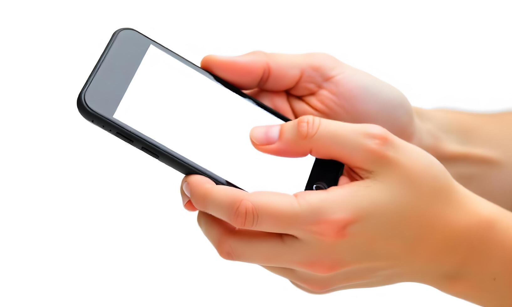 Hand holding a smartphone with a white screen on a blurred background photo