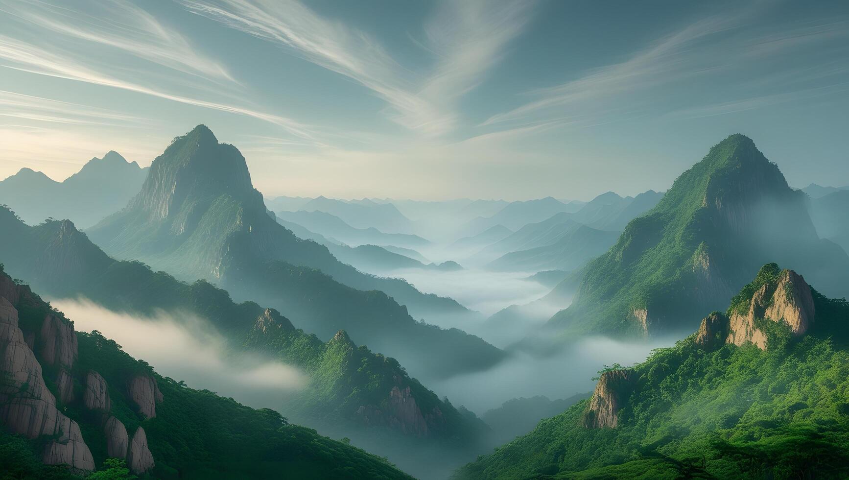 Beautiful landscape with green mountains and clouds in the morning at sunrise. photo