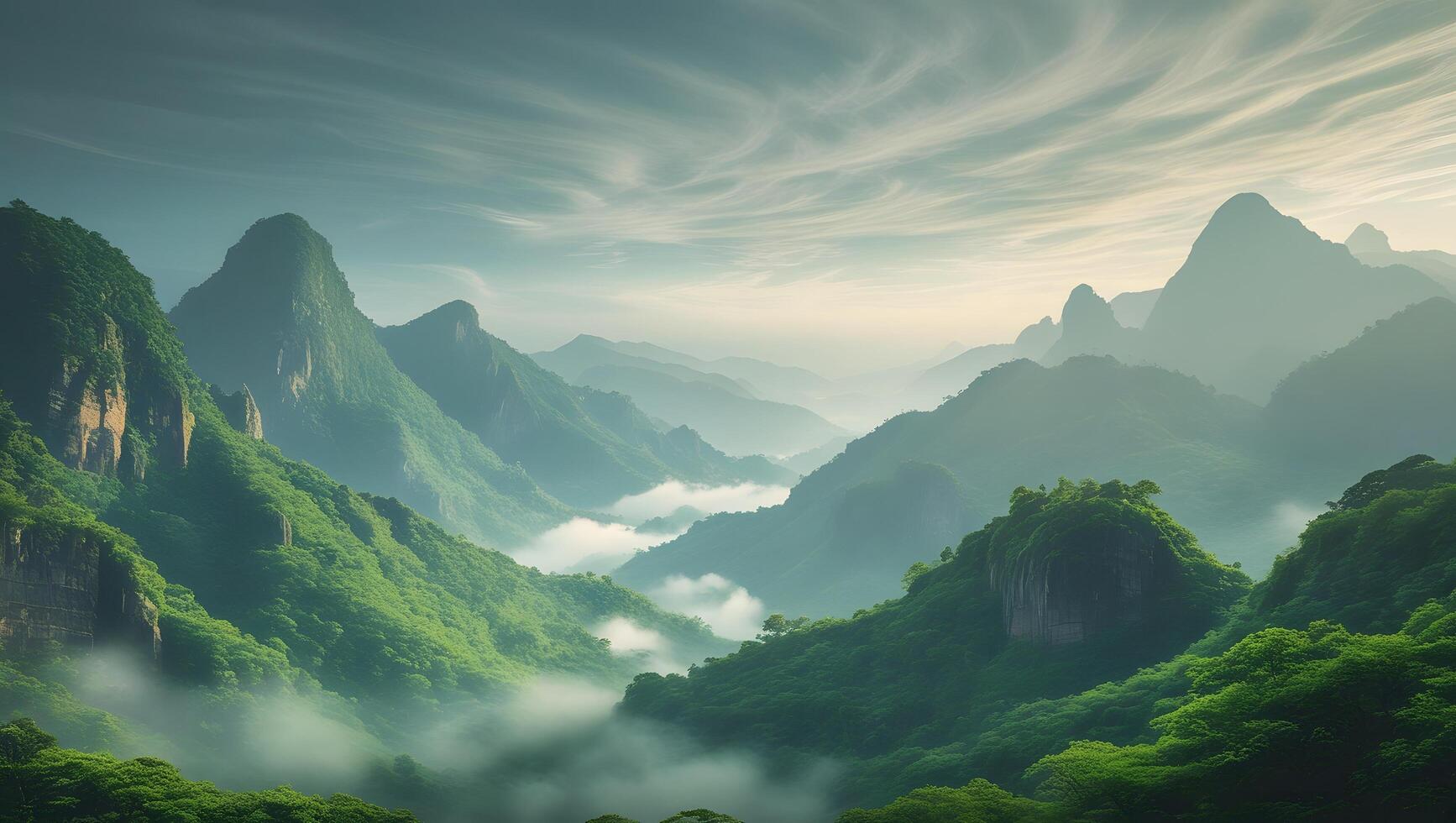 Beautiful landscape with green mountains and clouds. photo