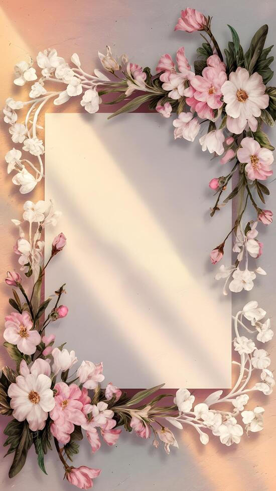 Floral frame with white and pink flowers on a pastel pink background. photo