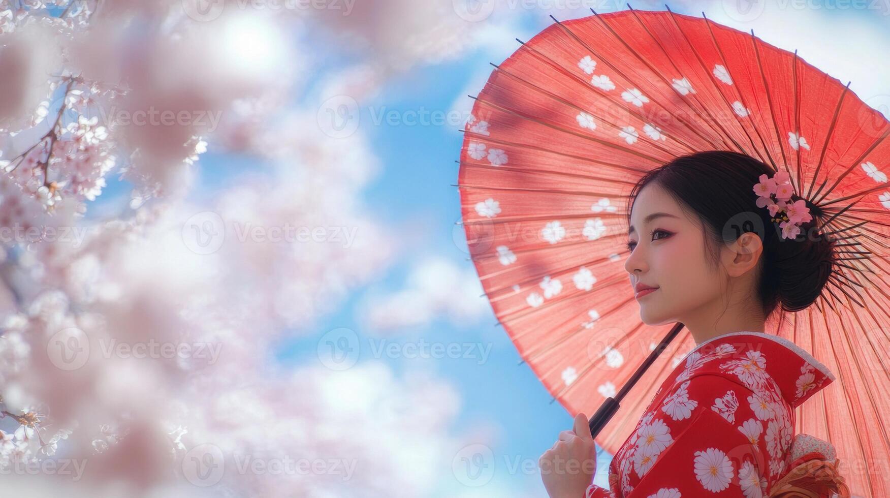 A beautiful woman in a traditional japanese kimono is holding an umbrella photo
