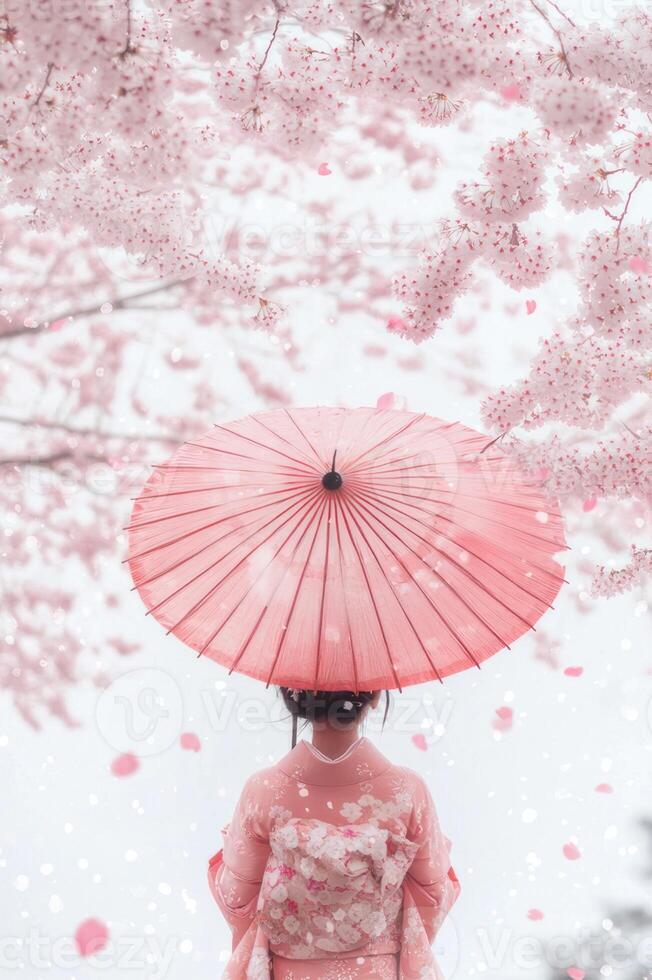 A woman in a pink kimono is holding an umbrella photo