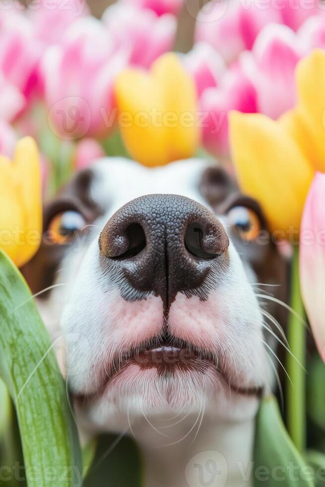 A dog is looking up at the camera with tulips in the background photo