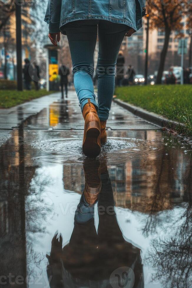 A person walking in the rain with their reflection in the puddle photo