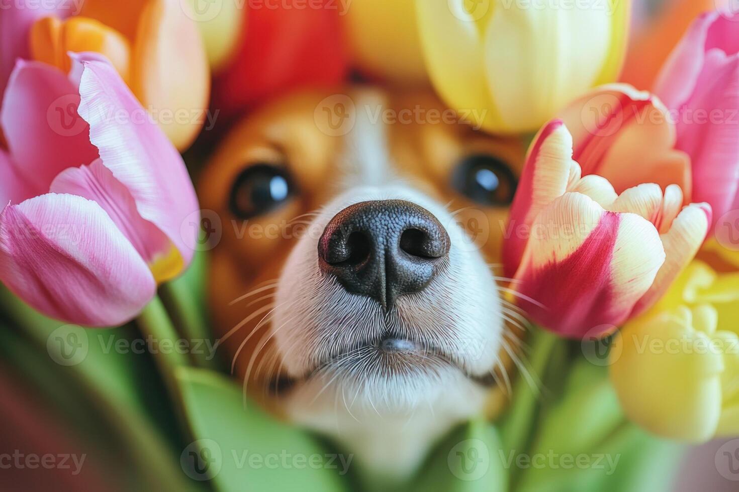 A dog is looking at the camera with tulips in his mouth photo